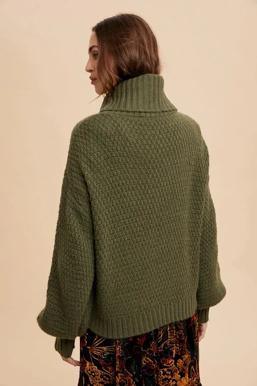 Textured Knitted Turtleneck Sweater OLIVE