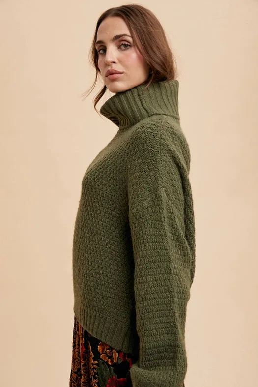 Textured Knitted Turtleneck Sweater OLIVE