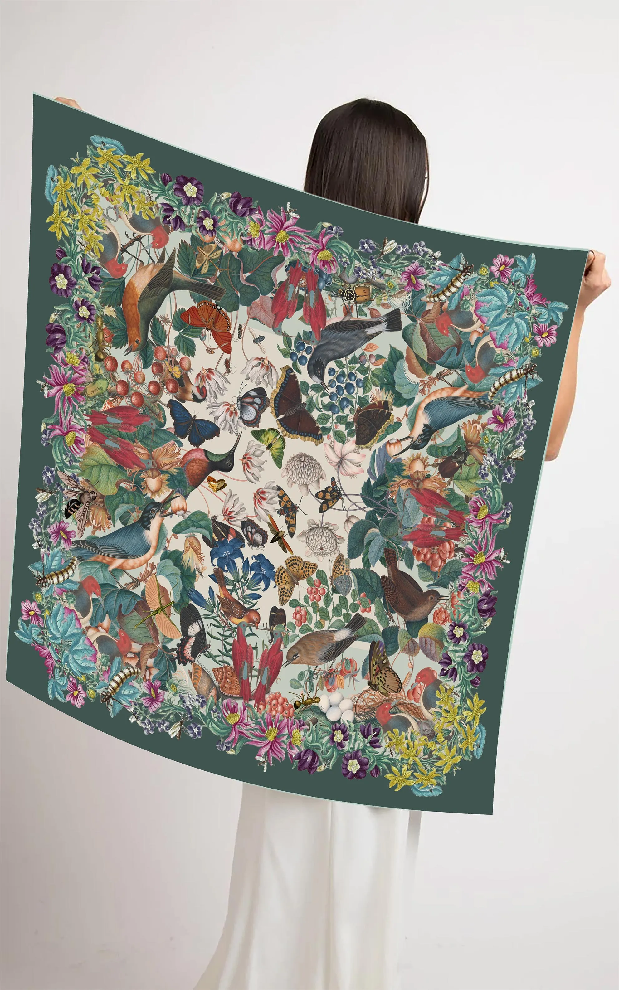 The Garden Square Silk Scarf-Teal Green