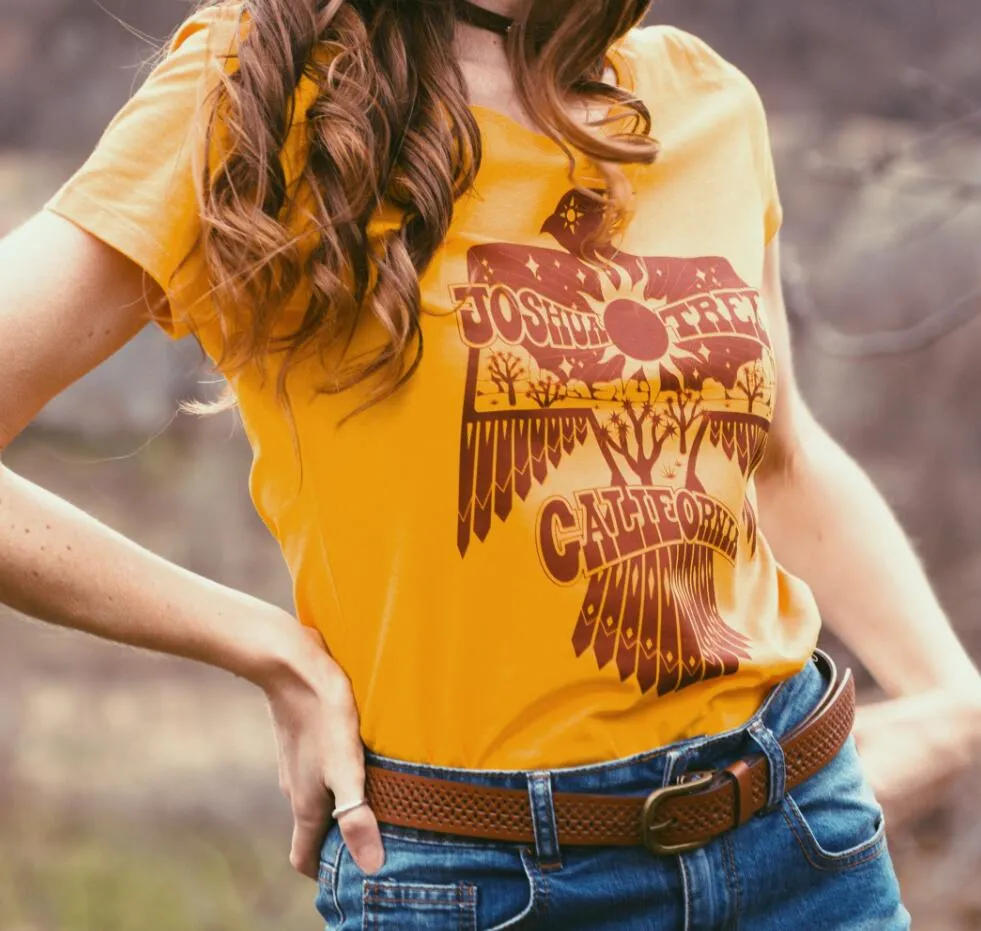 Thunderbird T Shirt Joshua Tree California Gold Tee With Native American Symbol Of Freedom And Power Eagle Top Available In XS Small Medium Large Or XL