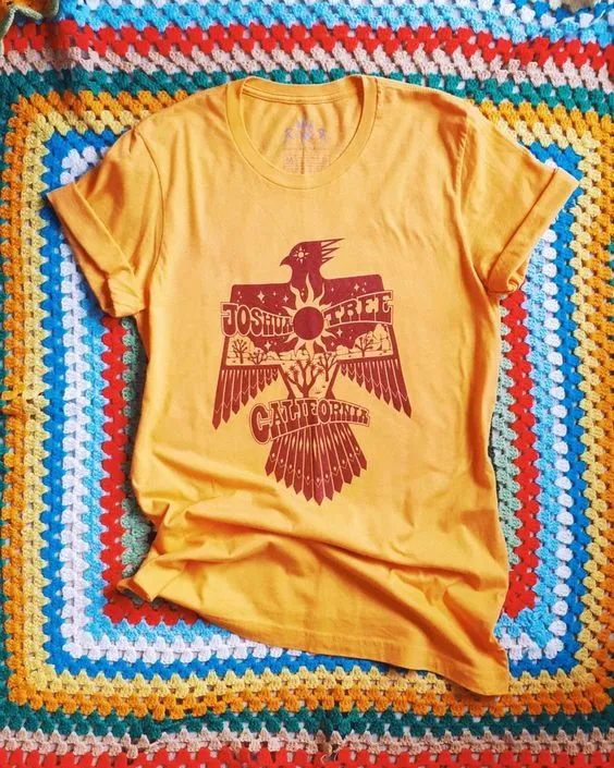 Thunderbird T Shirt Joshua Tree California Gold Tee With Native American Symbol Of Freedom And Power Eagle Top Available In XS Small Medium Large Or XL