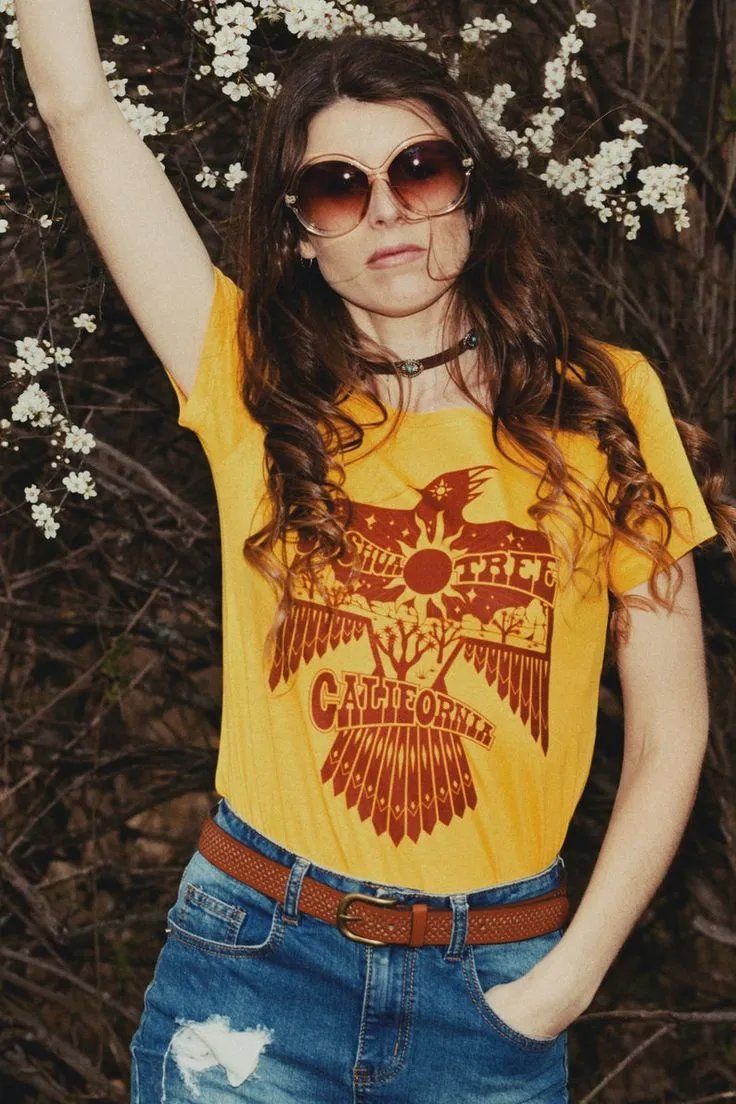 Thunderbird T Shirt Joshua Tree California Gold Tee With Native American Symbol Of Freedom And Power Eagle Top Available In XS Small Medium Large Or XL