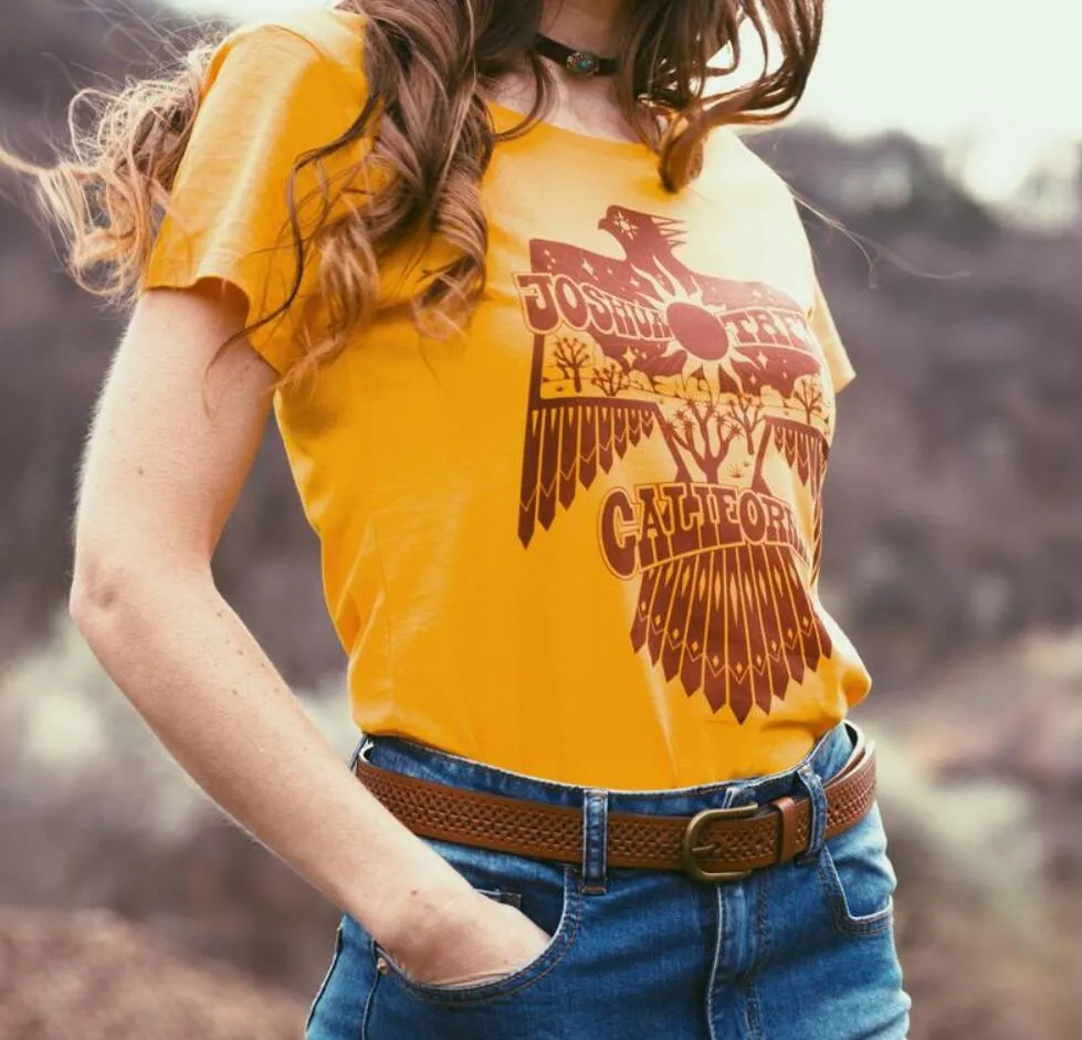 Thunderbird T Shirt Joshua Tree California Gold Tee With Native American Symbol Of Freedom And Power Eagle Top Available In XS Small Medium Large Or XL