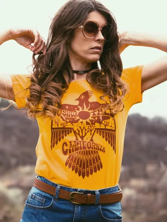 Thunderbird T Shirt Joshua Tree California Gold Tee With Native American Symbol Of Freedom And Power Eagle Top Available In XS Small Medium Large Or XL