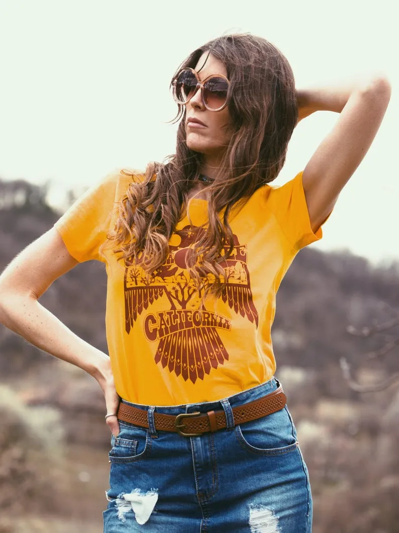 Thunderbird T Shirt Joshua Tree California Gold Tee With Native American Symbol Of Freedom And Power Eagle Top Available In XS Small Medium Large Or XL