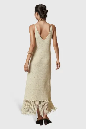 V-Neck Knitted Dress with Fringe - Beige