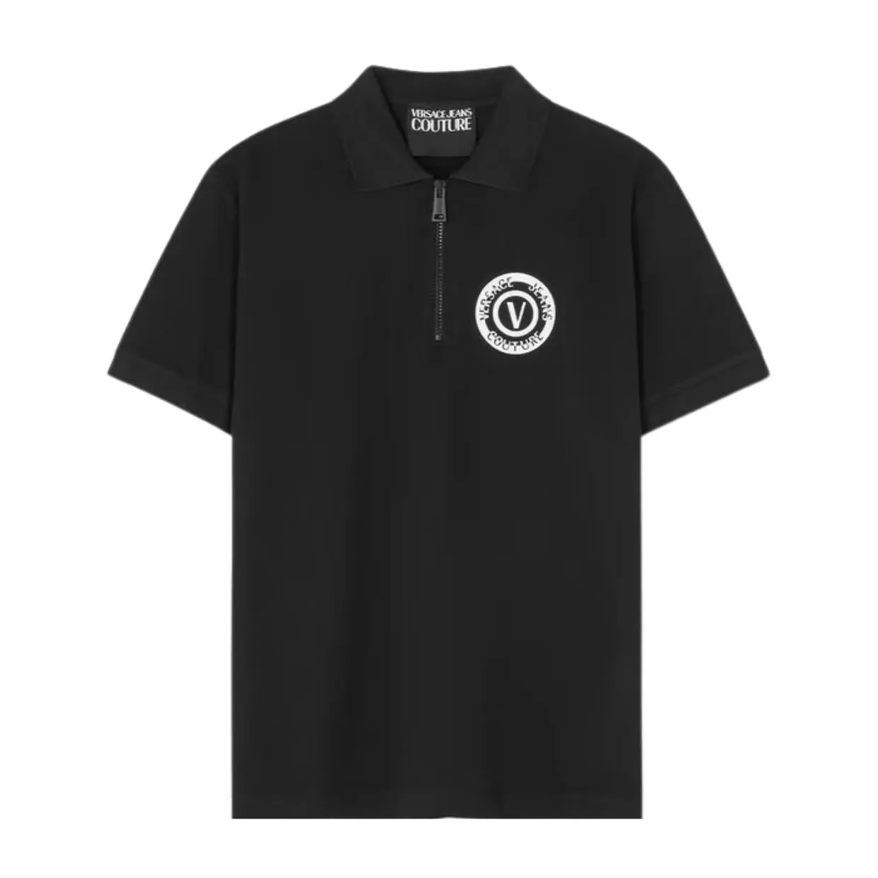 Versace Jeans Couture V-Emblem Print Black Zip Polo Shirt