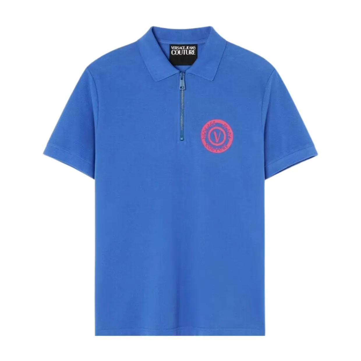 Versace Jeans Couture V-Emblem Print Blue Zip Polo Shirt