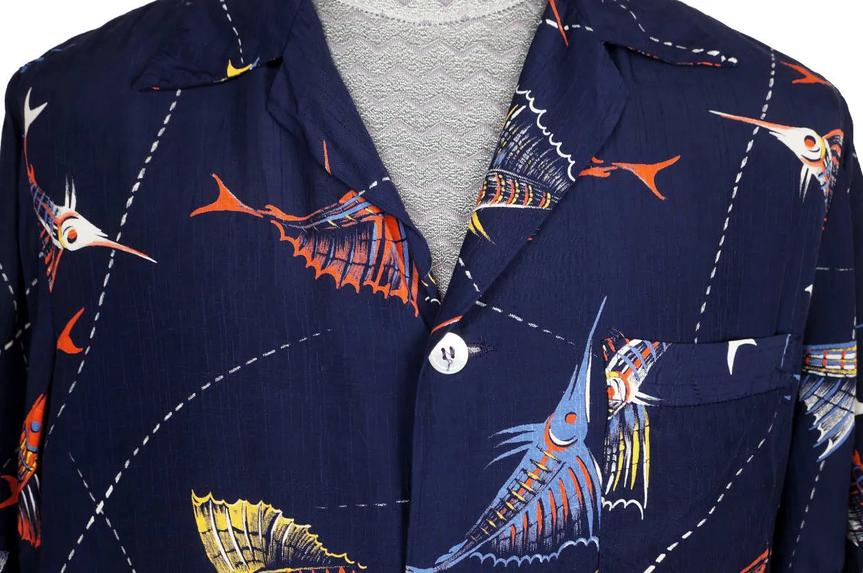 Vintage 1940s 50s Florida Rayon Beach Shirt by Ceeb of Miami Marlin Fish Print