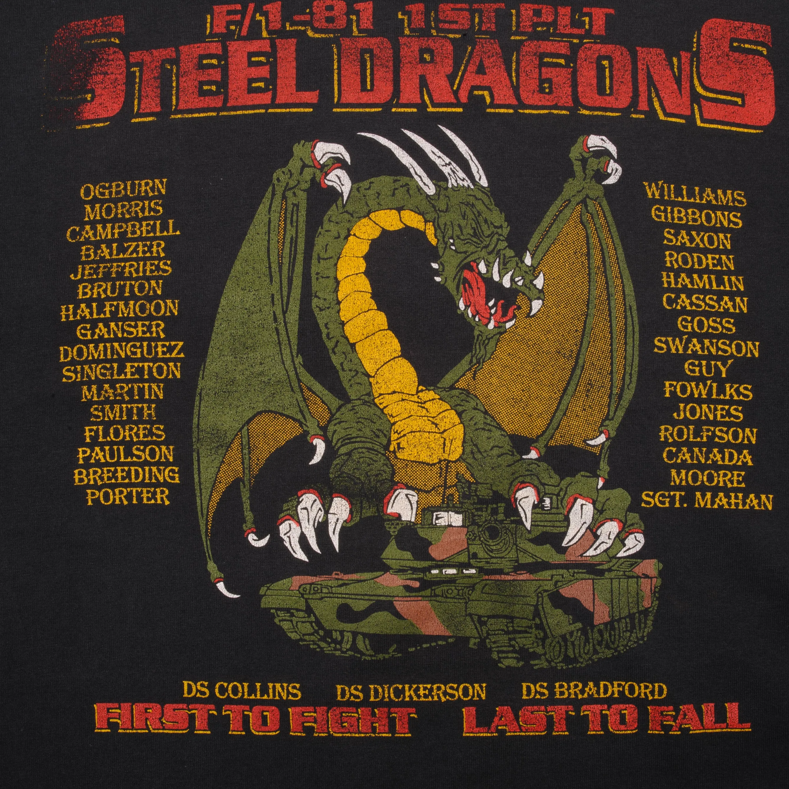 VINTAGE 1ST PLATOON STEEL DRAGONS MILITARY TEE SHIRT 1990S XL MADE IN USA