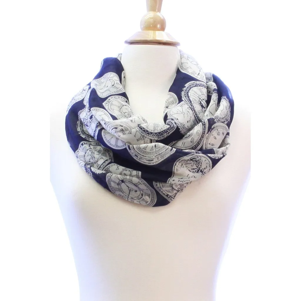 Vintage Clock Navy Blue Wide Silk Blend Lightweight Infinity Scarf