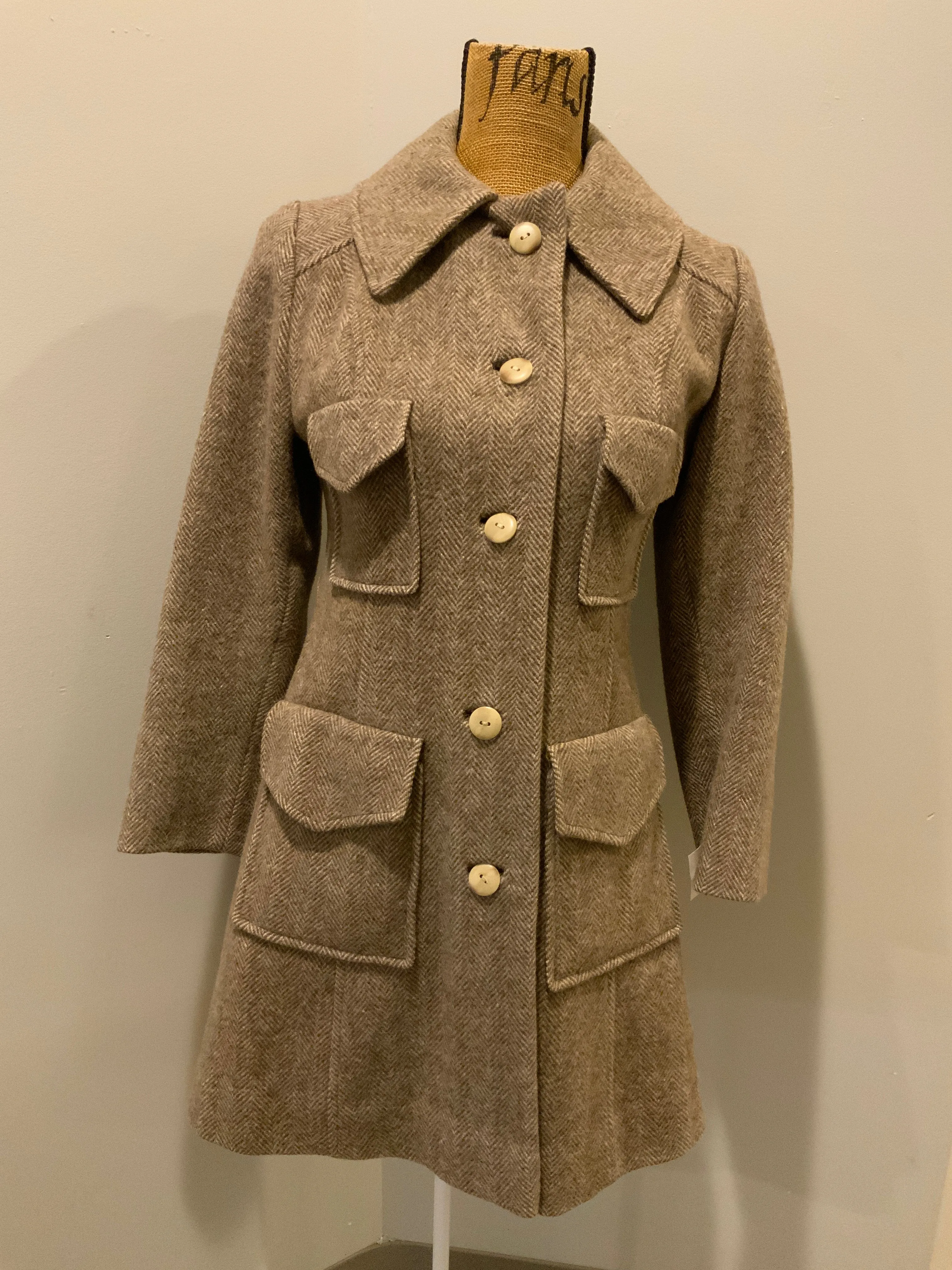 Vintage Herringbone Wool Car Coat, Made in Canada, SOLD