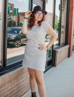 White Sheath Rib Knit Dress with Black Floral