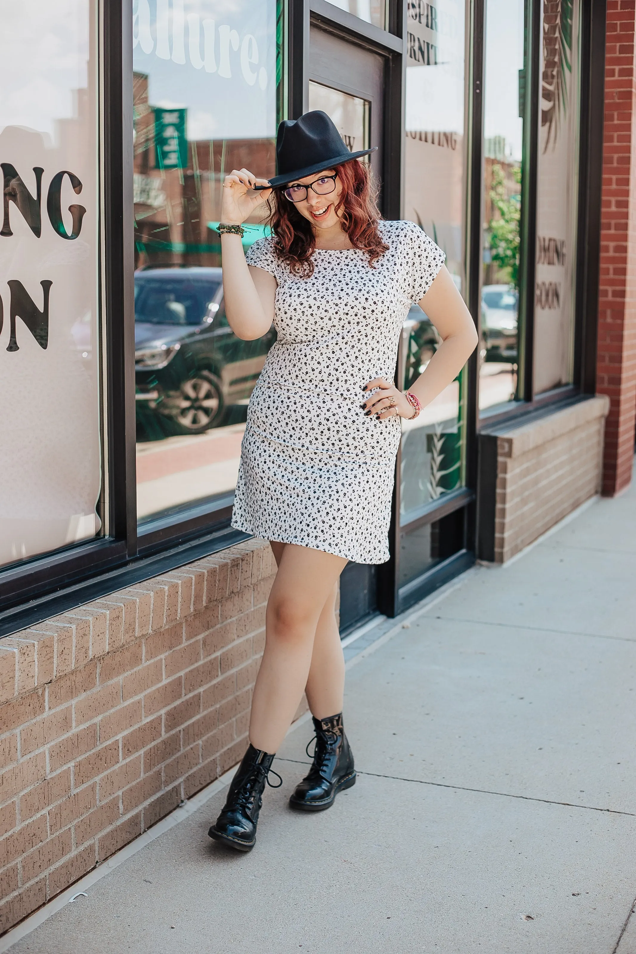 White Sheath Rib Knit Dress with Black Floral