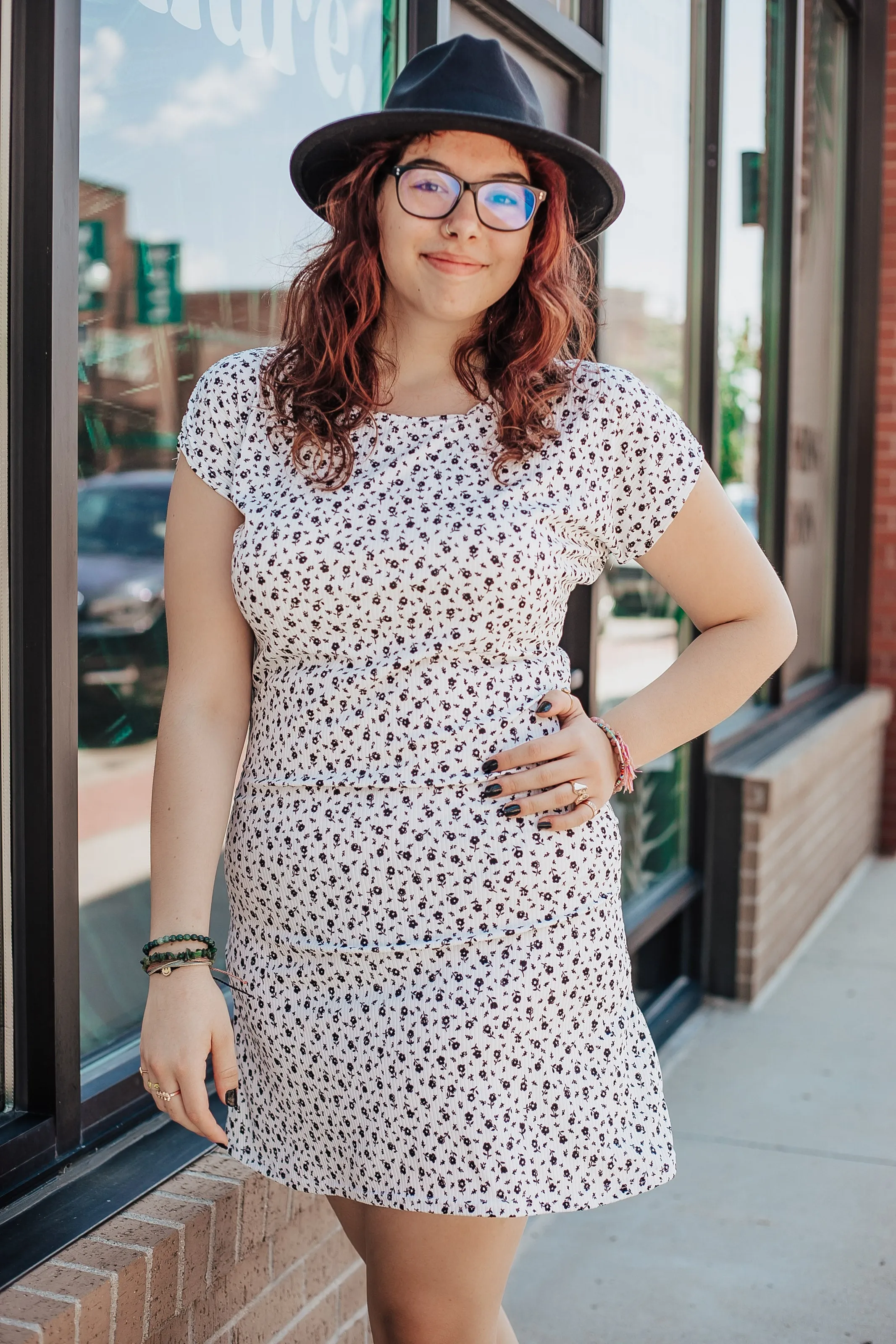 White Sheath Rib Knit Dress with Black Floral