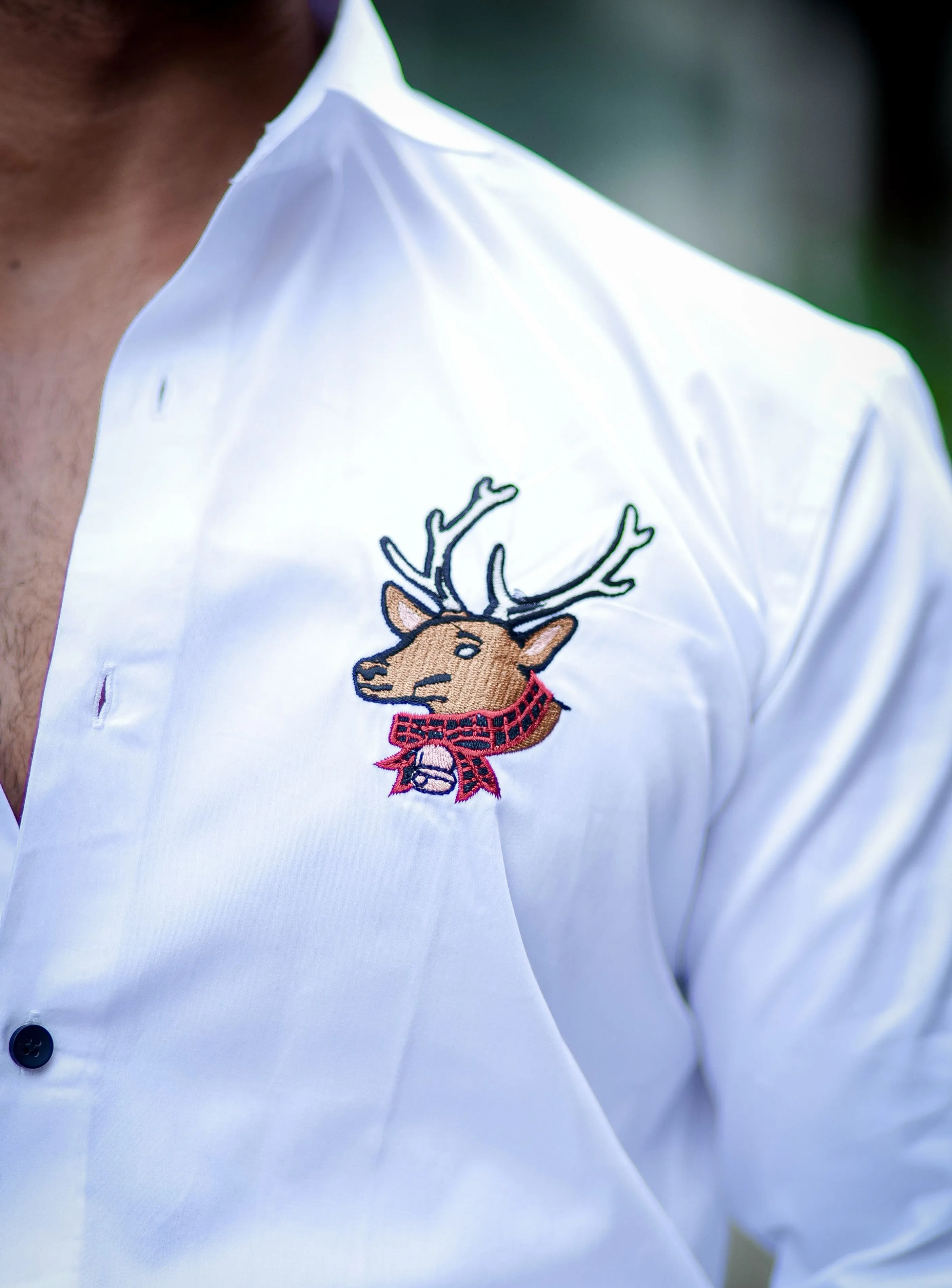 White Subtle Sheen Deer Embroidered Luxury Premium Satin Cotton Shirt