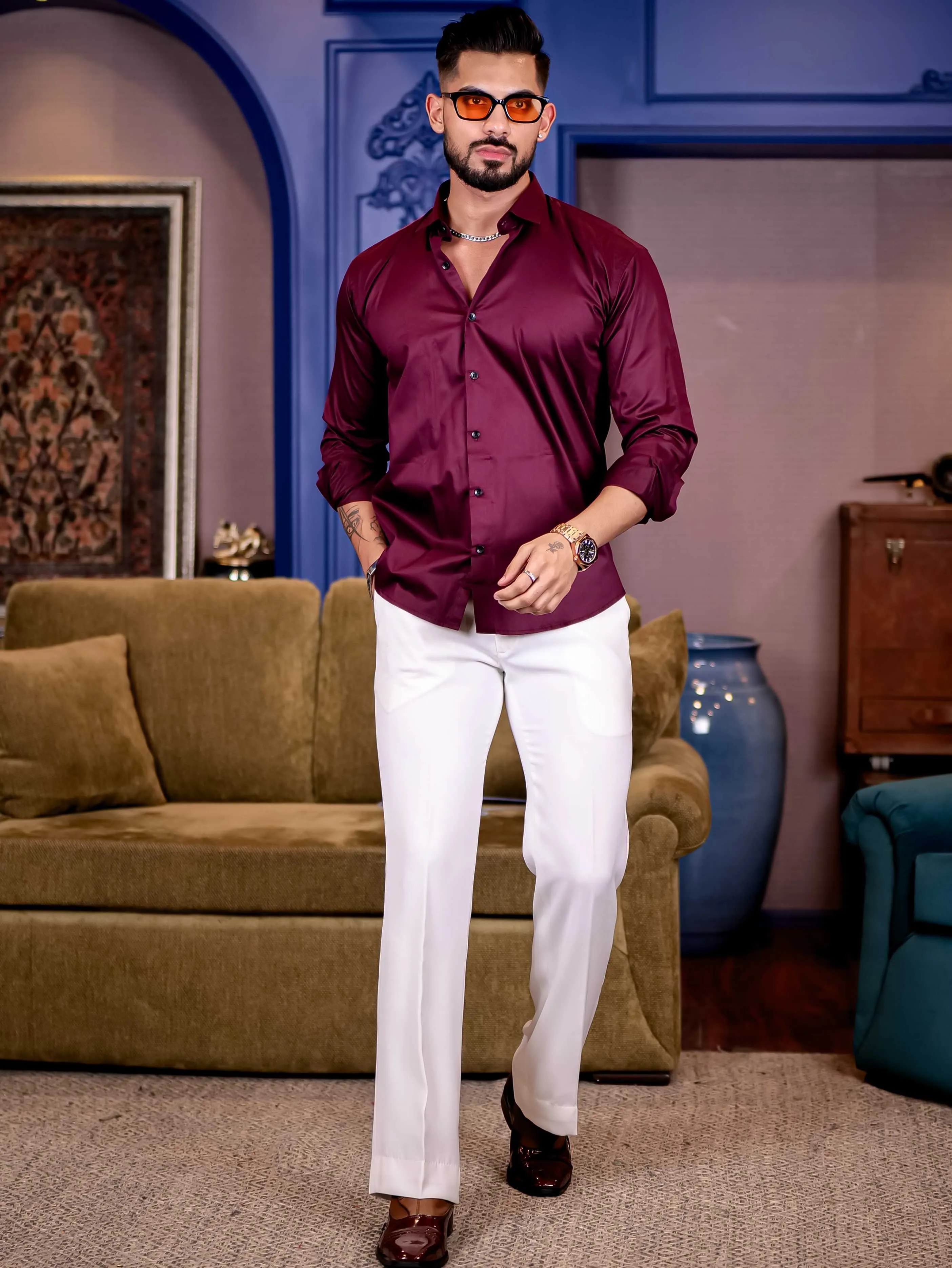 Wine Starry Beaded Satin Cotton Premium Party Shirt