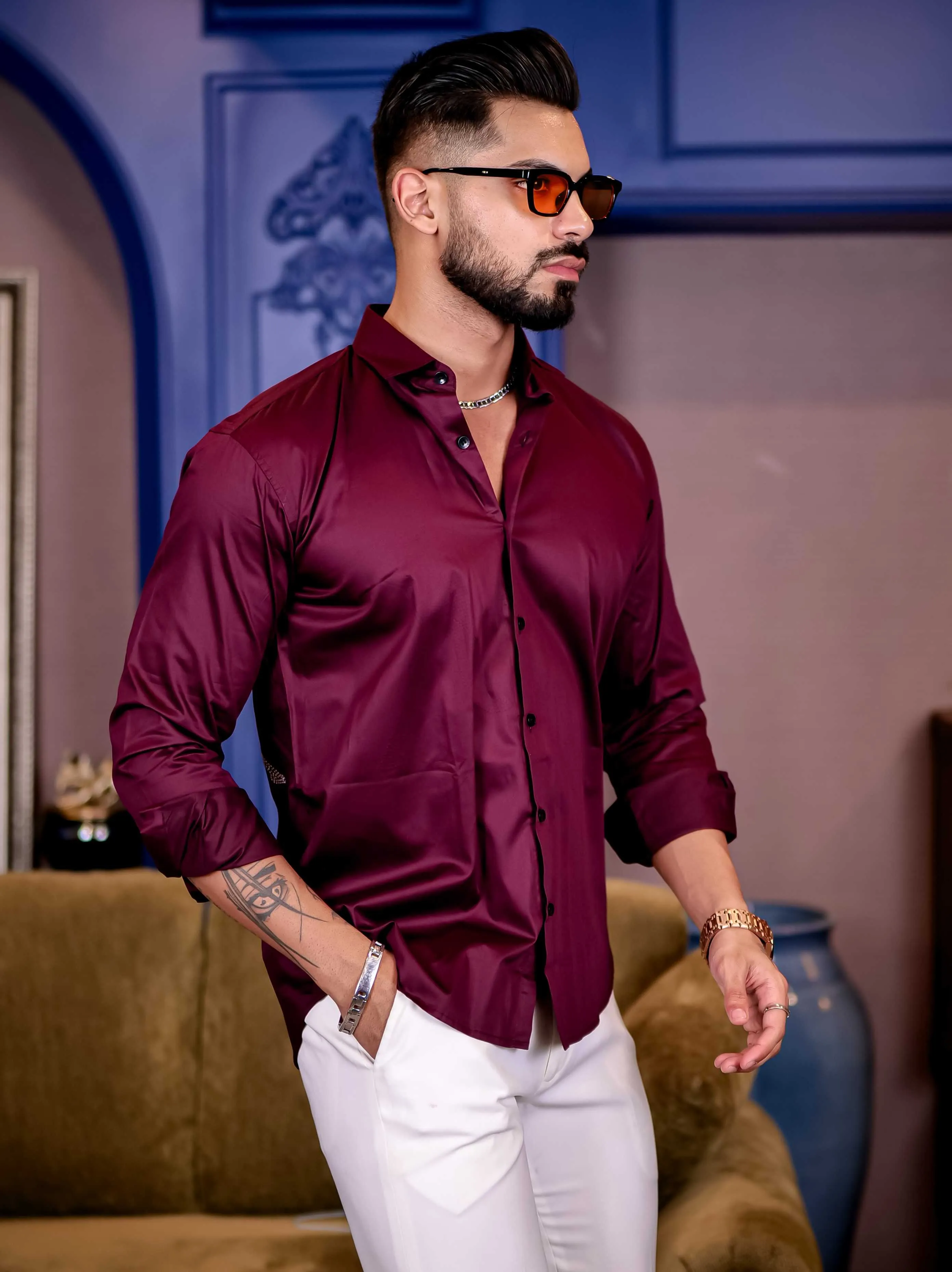 Wine Starry Beaded Satin Cotton Premium Party Shirt