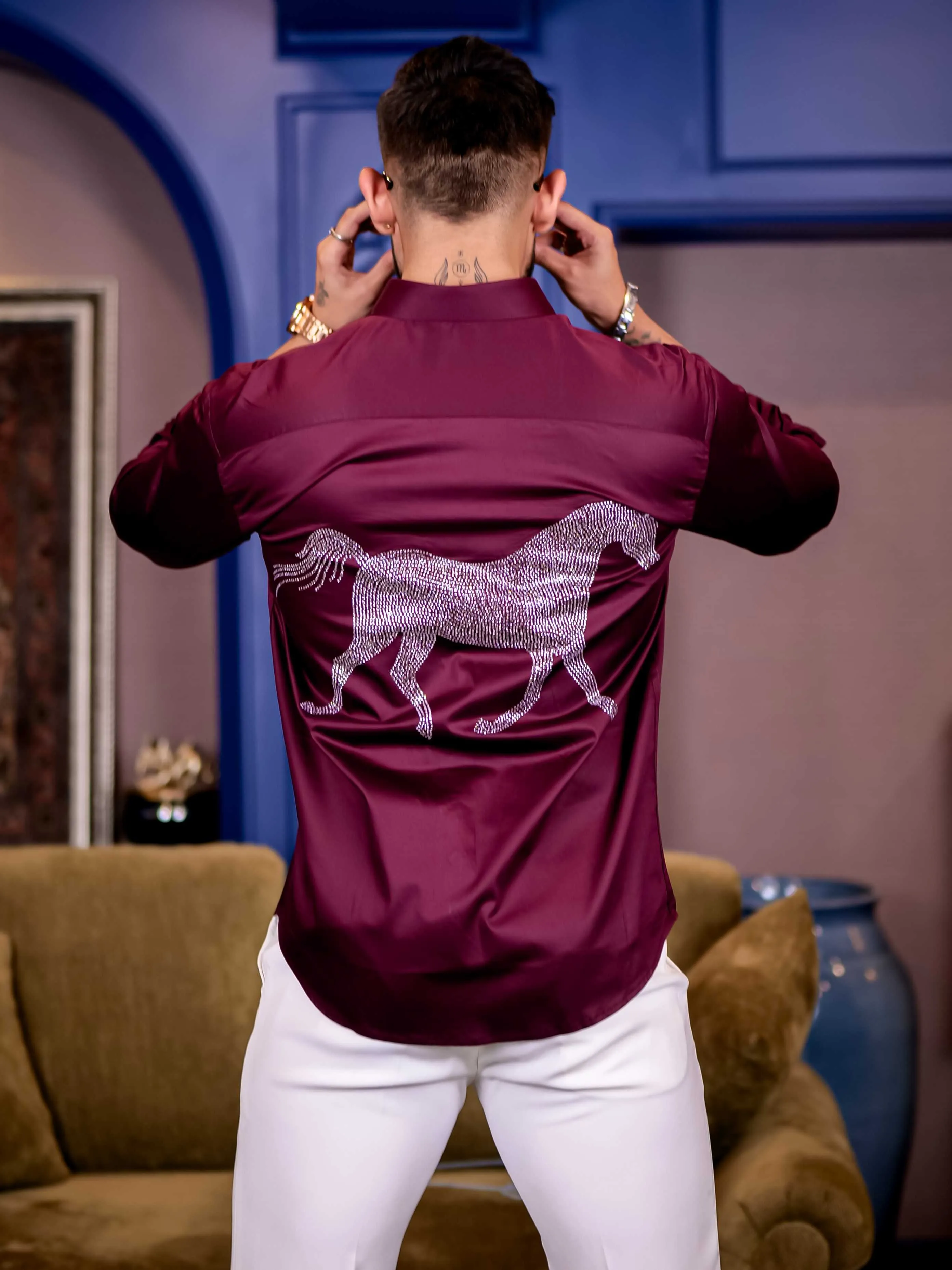 Wine Starry Beaded Satin Cotton Premium Party Shirt