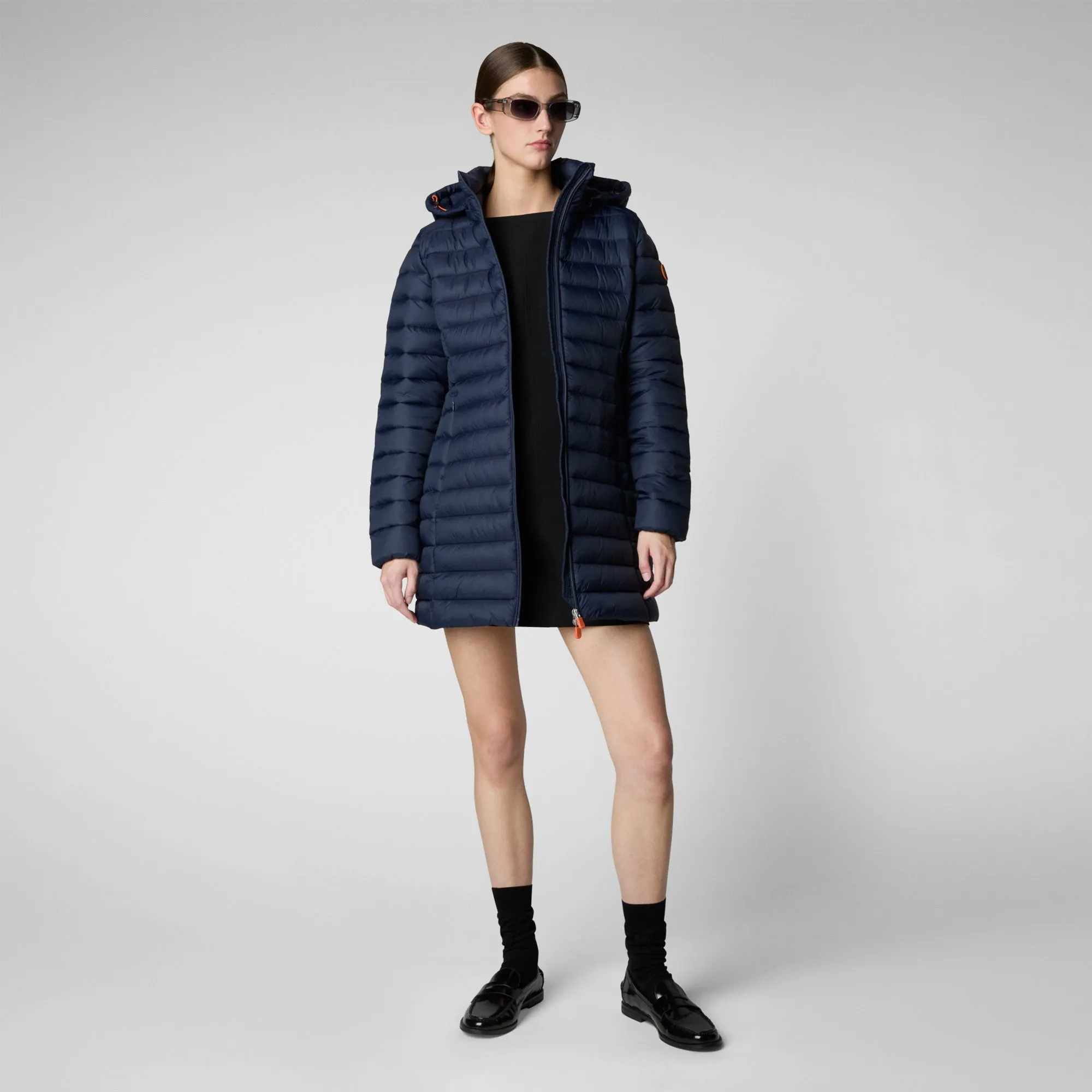 Woman's animal free hooded puffer jacket Carol in navy blue