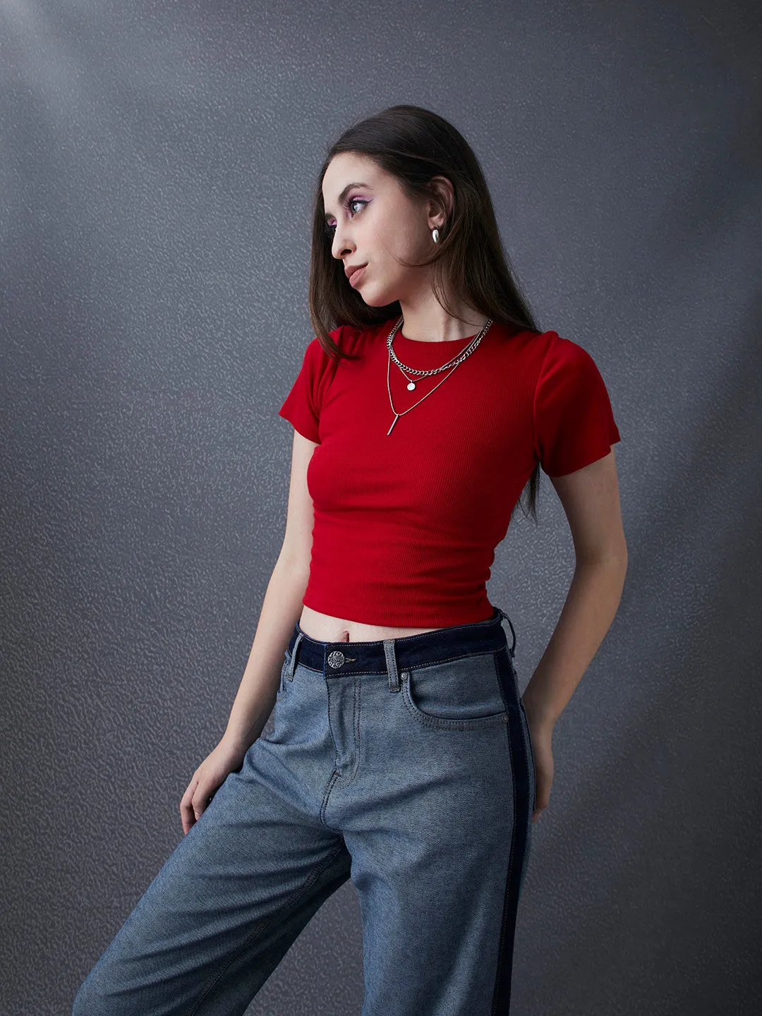 Women Premium Cotton Ribbed Slim Fit Red Crop Top