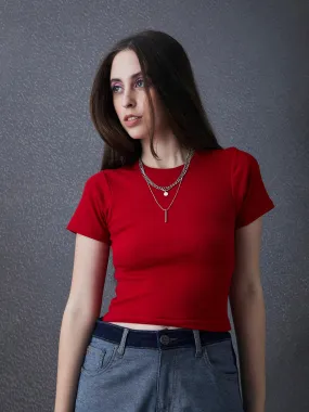 Women Premium Cotton Ribbed Slim Fit Red Crop Top