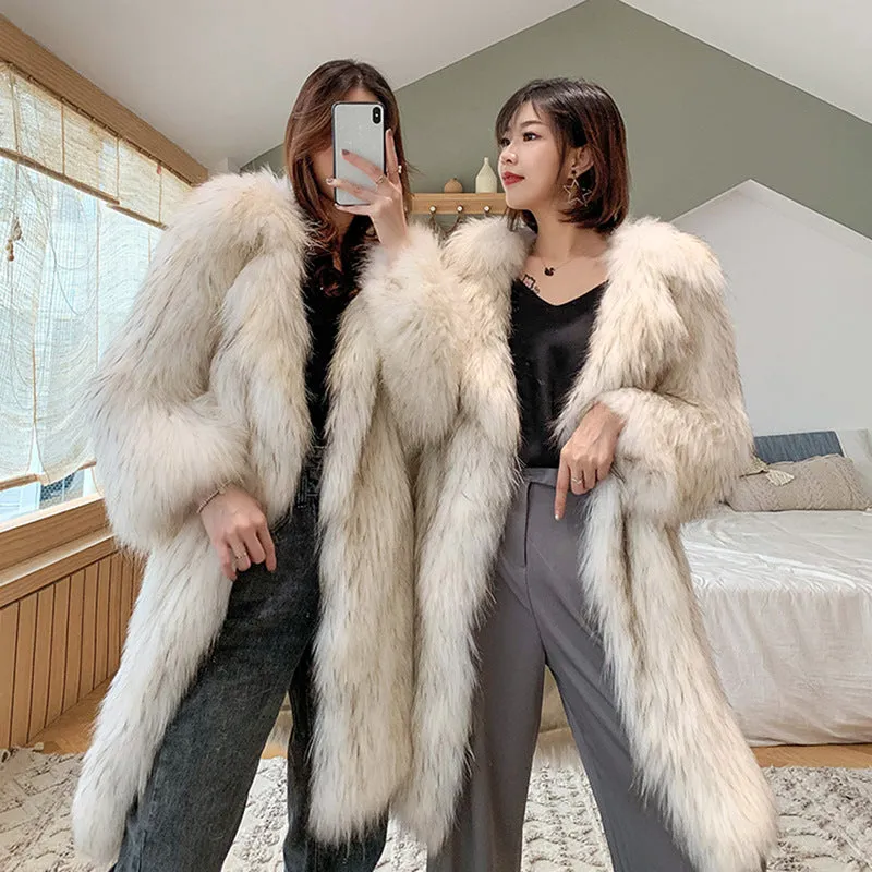 Women Raccoon Fur Coat Women Long Fox Fur Collar Fur Coat Loose Casual Trench Coat