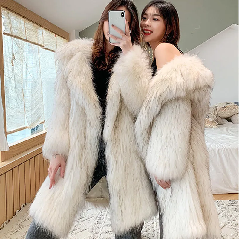 Women Raccoon Fur Coat Women Long Fox Fur Collar Fur Coat Loose Casual Trench Coat