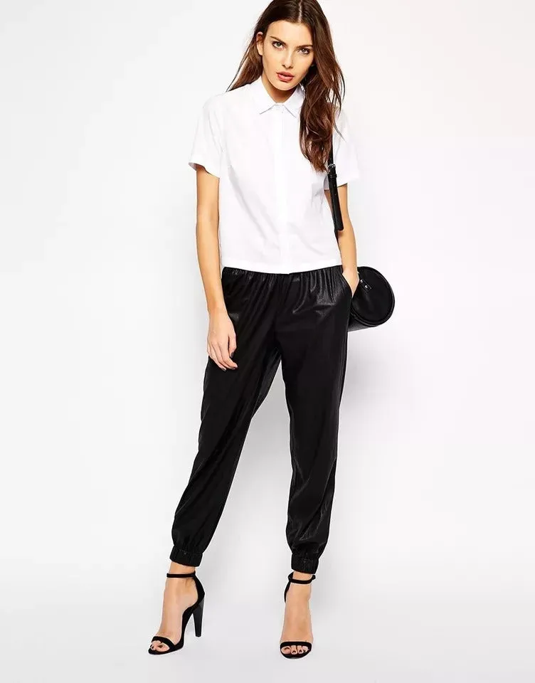 Women's Black Lambskin Leather Joggers with Lace-Up Detail