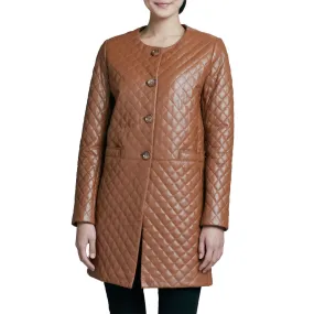 Women's Mid Length Quilted Brown Leather Trench Coat TC20