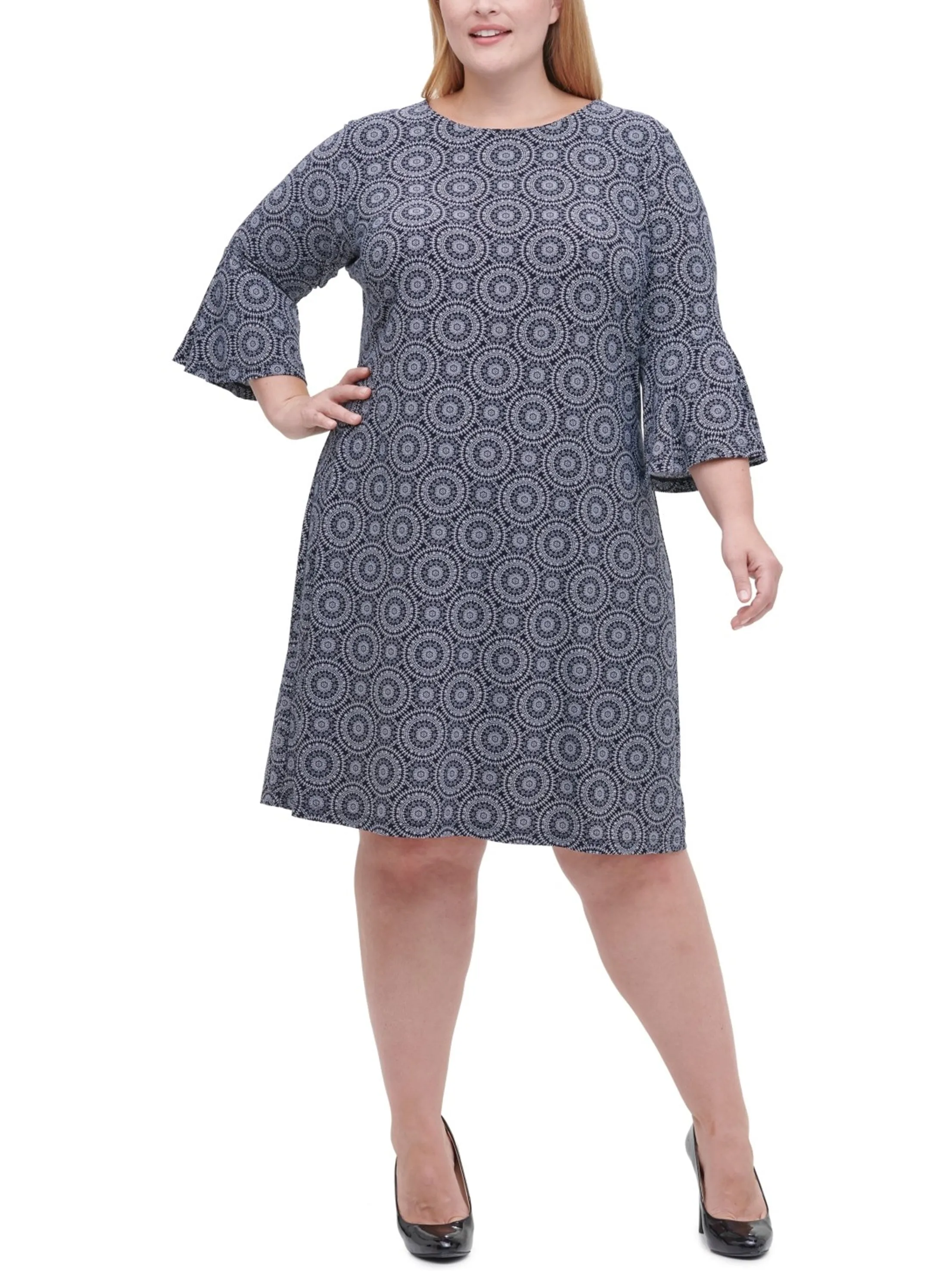 Women's Printed Shift MIDI Dress,Navy