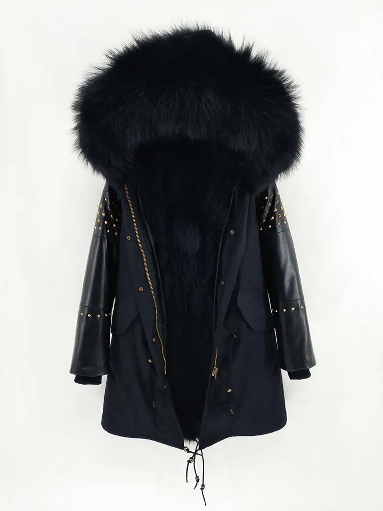 Women's Winter Long Leather Hooded Thick Parka With Fox Fur