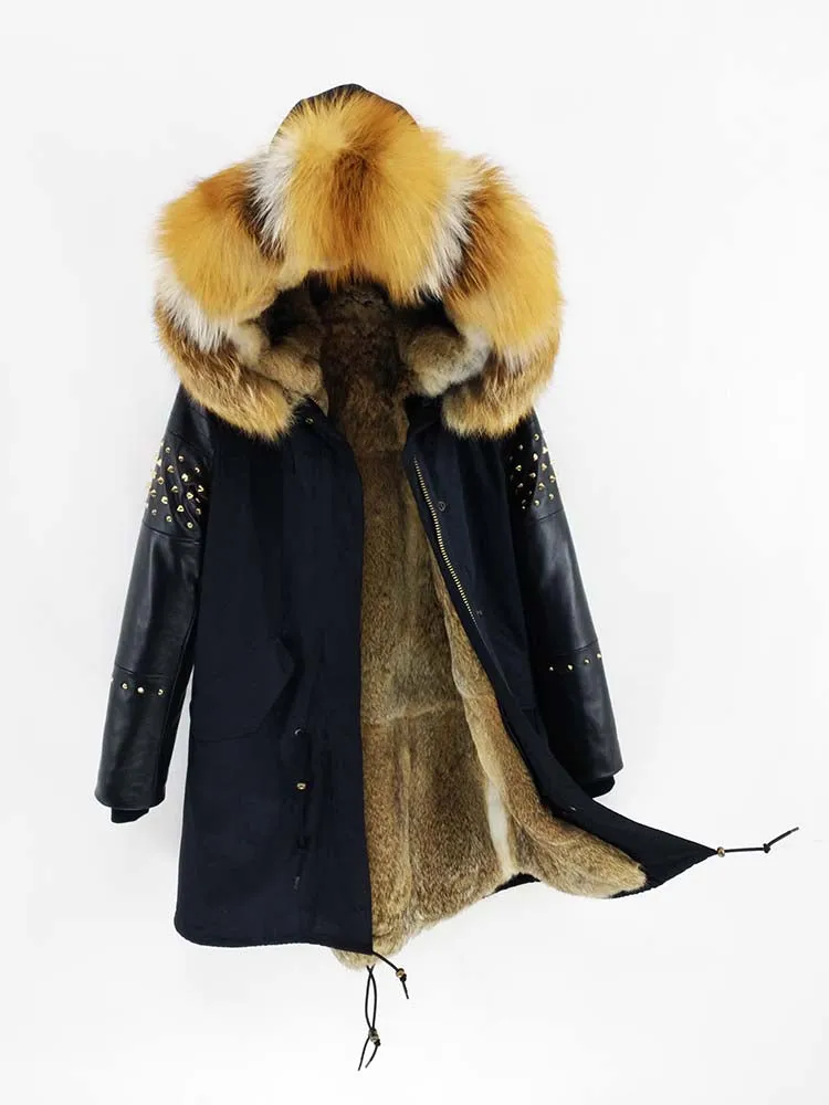 Women's Winter Long Leather Hooded Thick Parka With Fox Fur