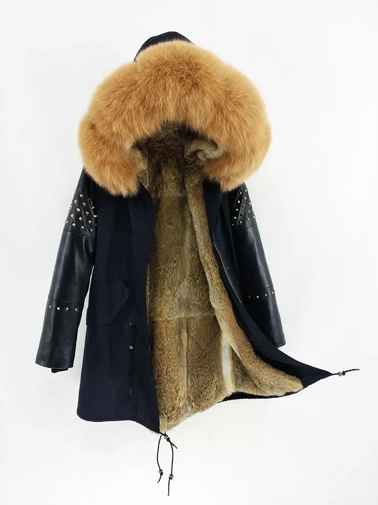 Women's Winter Long Leather Hooded Thick Parka With Fox Fur