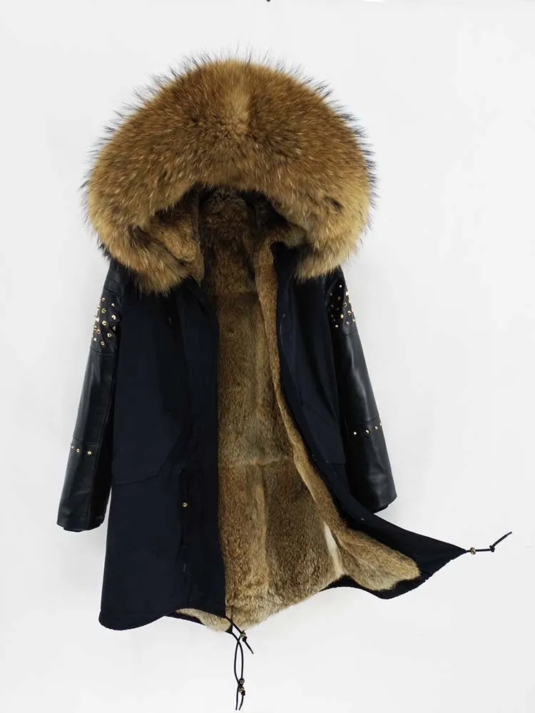 Women's Winter Long Leather Hooded Thick Parka With Fox Fur