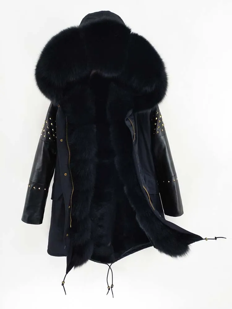 Women's Winter Long Leather Hooded Thick Parka With Fox Fur