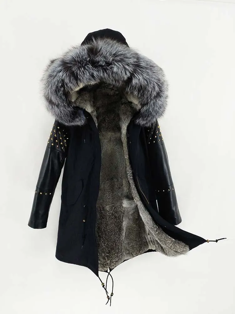 Women's Winter Long Leather Hooded Thick Parka With Fox Fur