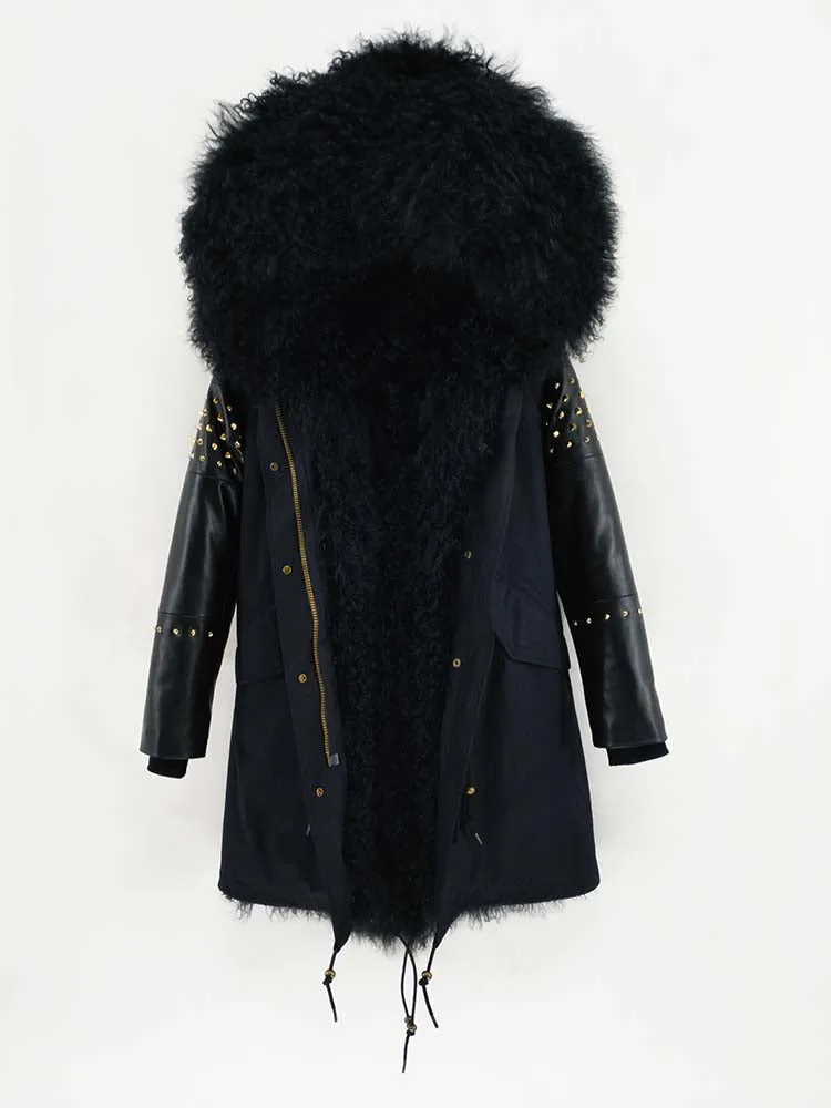 Women's Winter Long Leather Hooded Thick Parka With Fox Fur