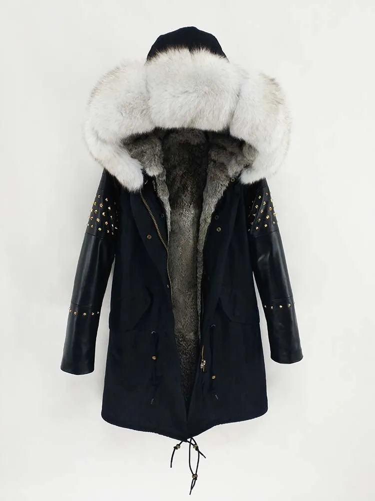 Women's Winter Long Leather Hooded Thick Parka With Fox Fur