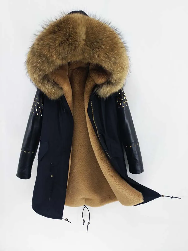 Women's Winter Long Leather Hooded Thick Parka With Fox Fur