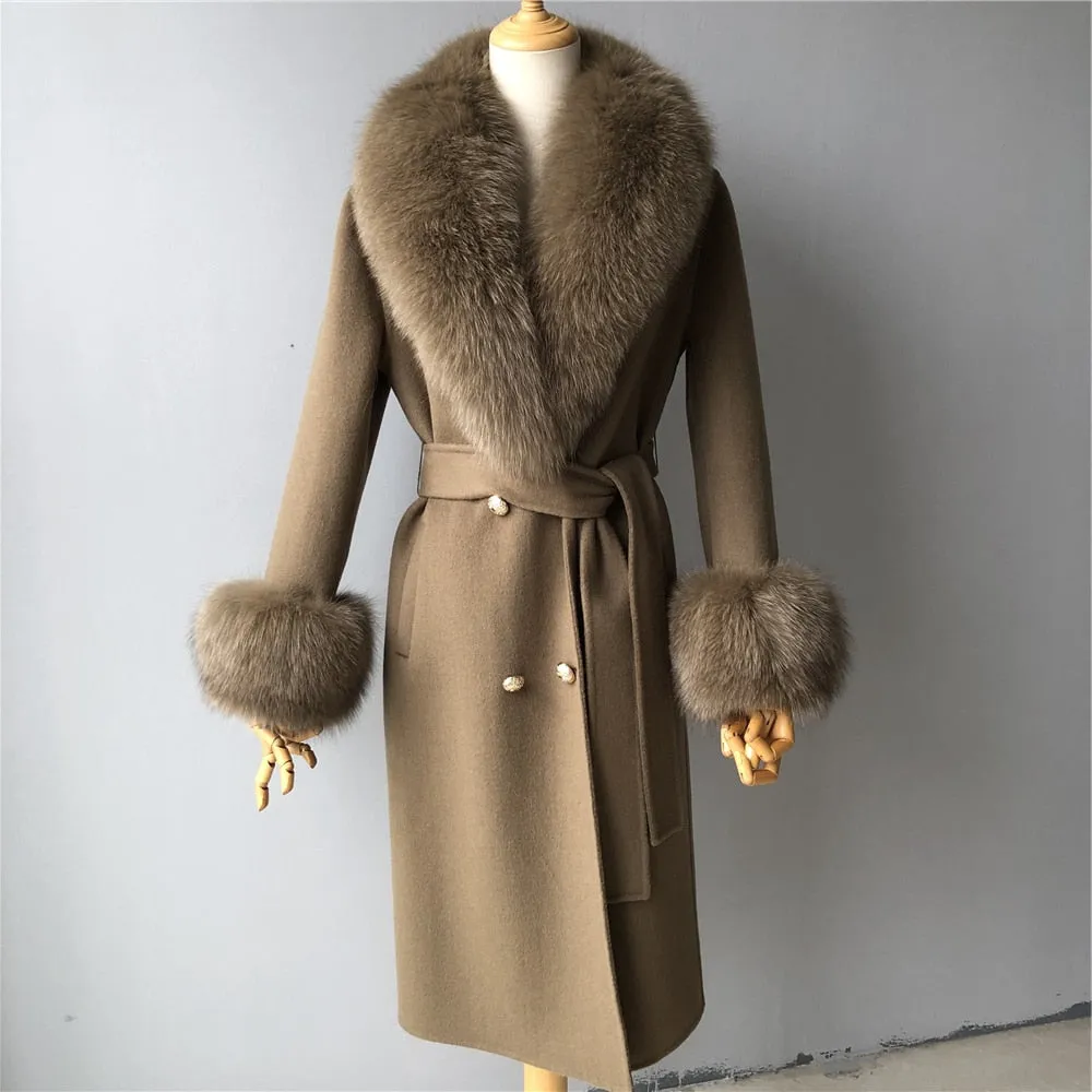 Women's Woolen Coat with Natural Fur Collar