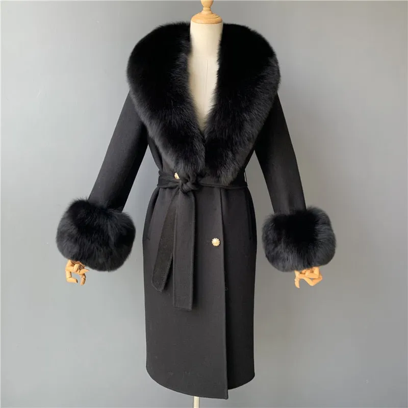 Women's Woolen Coat with Natural Fur Collar