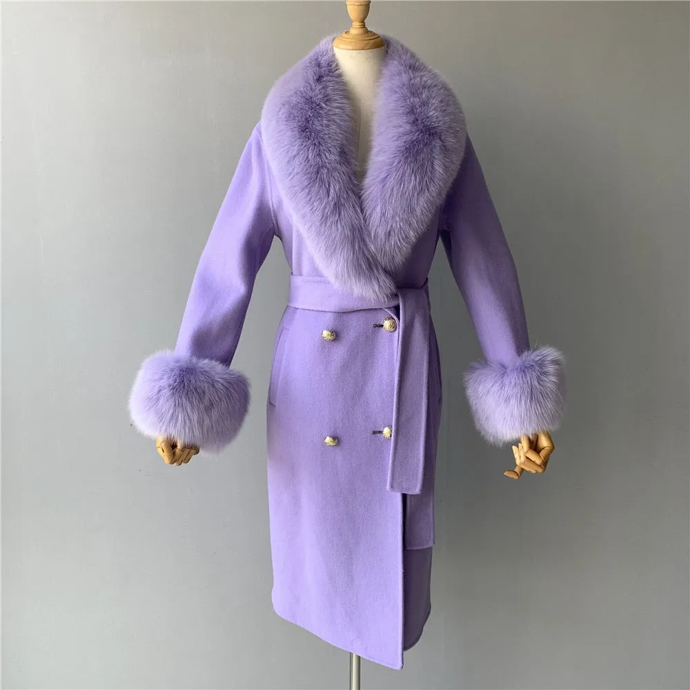 Women's Woolen Coat with Natural Fur Collar