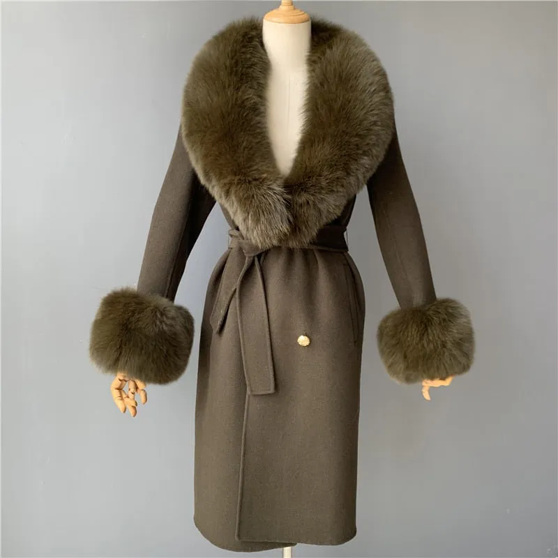 Women's Woolen Coat with Natural Fur Collar