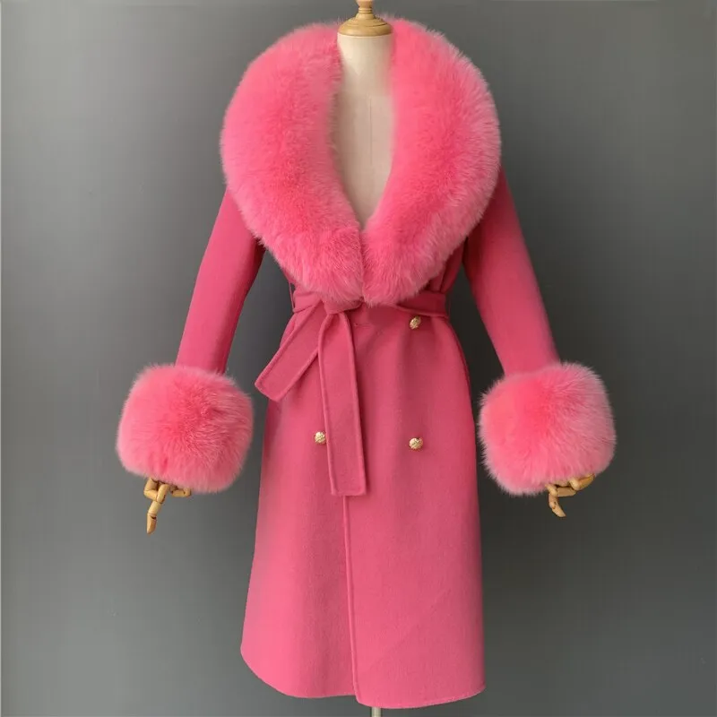 Women's Woolen Coat with Natural Fur Collar