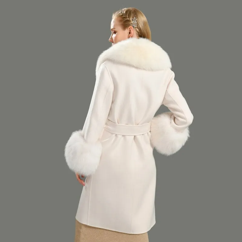 Women's Woolen Coat with Natural Fur Collar