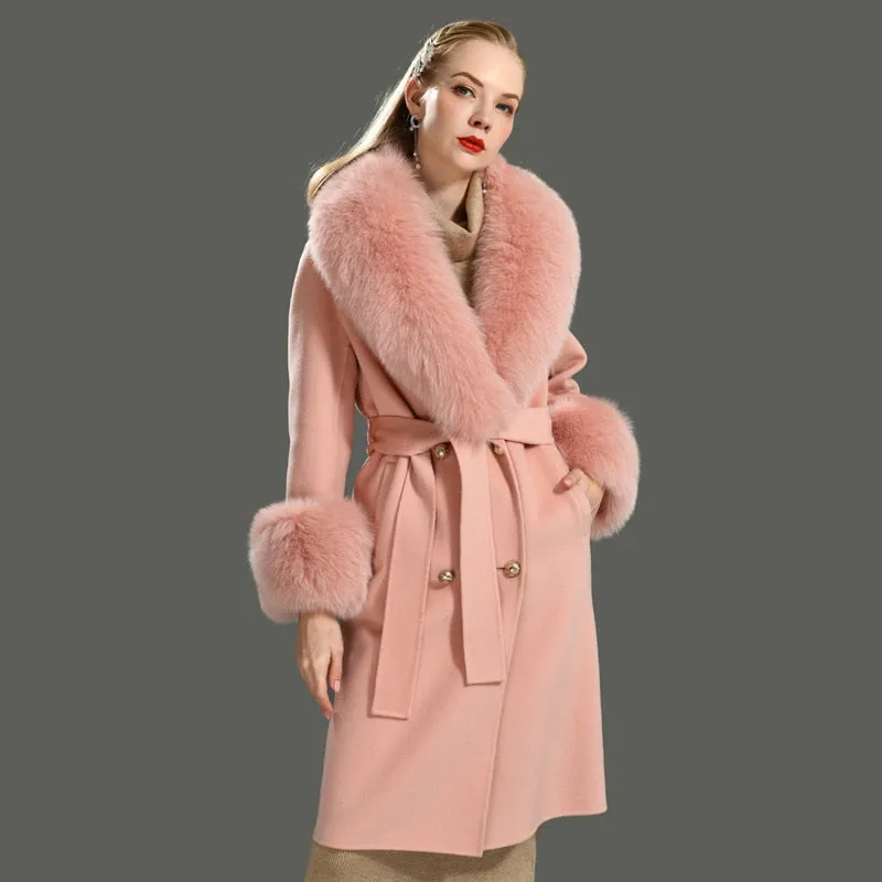 Women's Woolen Coat with Natural Fur Collar