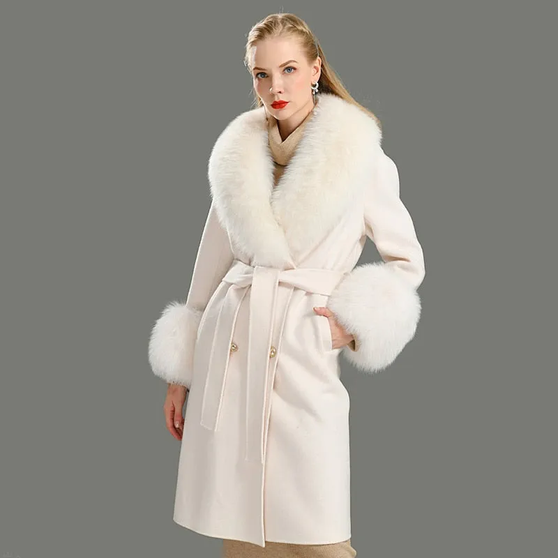 Women's Woolen Coat with Natural Fur Collar