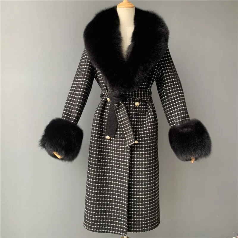 Women's Woolen Coat with Natural Fur Collar