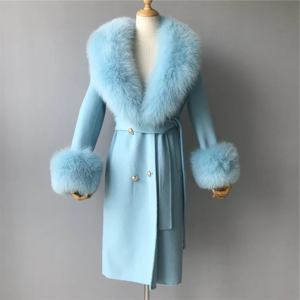 Women's Woolen Coat with Natural Fur Collar